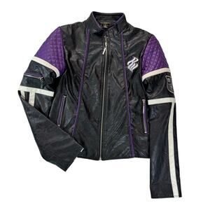 Vtg Rocawear Moto Jacket Black Purple Quilted Patch Women S  XS/S Y2K Streetwear